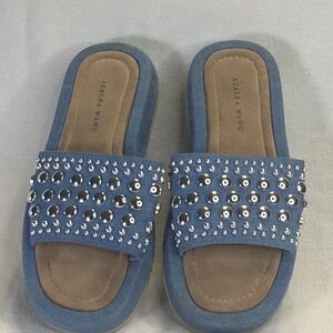 Azalea Wang Blue Denim Studded Platform Slides Womens Chunky Sandals